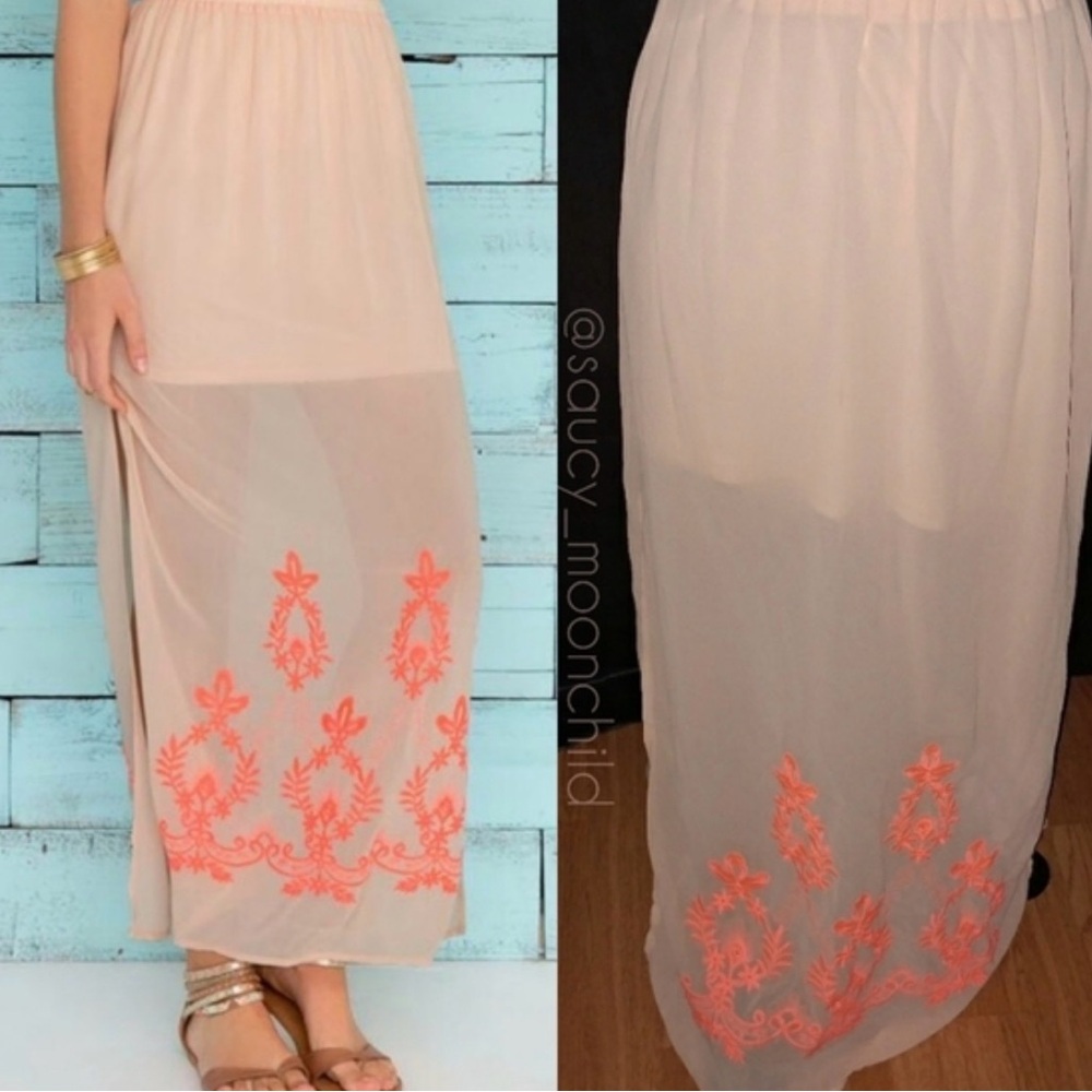 Elegant Beige and Coral Embroidered Skirt
